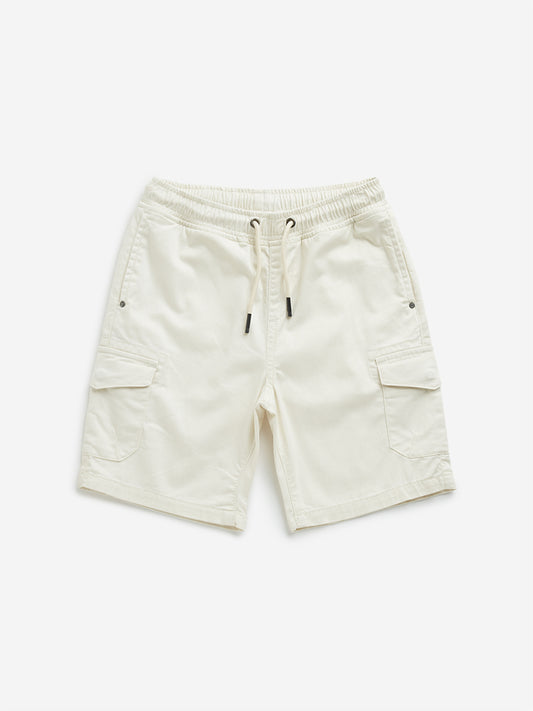 HOP Kids Off-White Cargo-Style Mid-Rise Cotton Shorts
