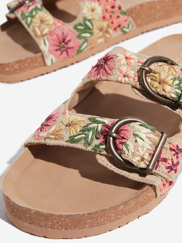 Buy LUNA BLU Beige Floral Embroidered Double Band Sandals from Westside