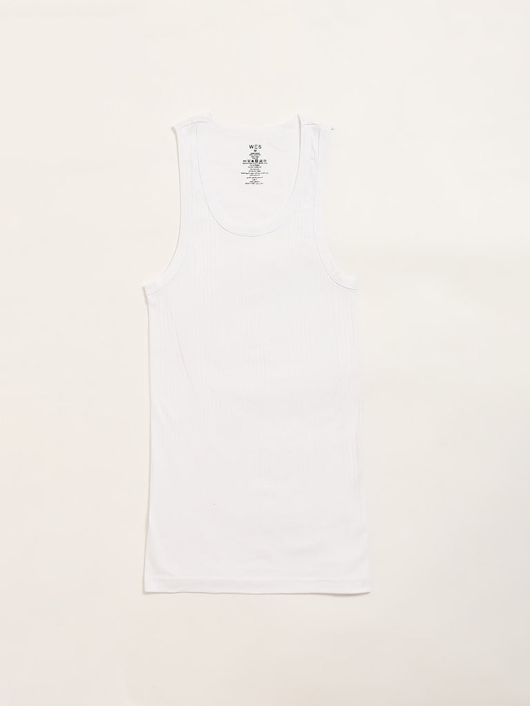 WES Lounge White Sleeveless Cotton Vests - Pack of 2