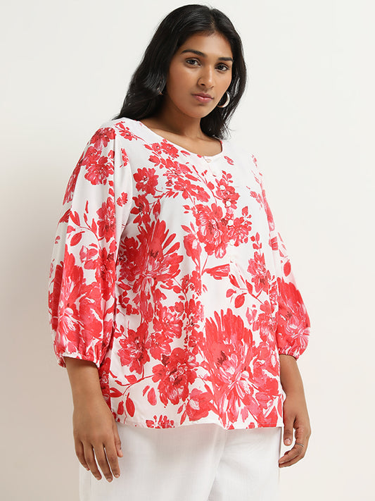 Gia Red Floral Printed Cotton Blouse