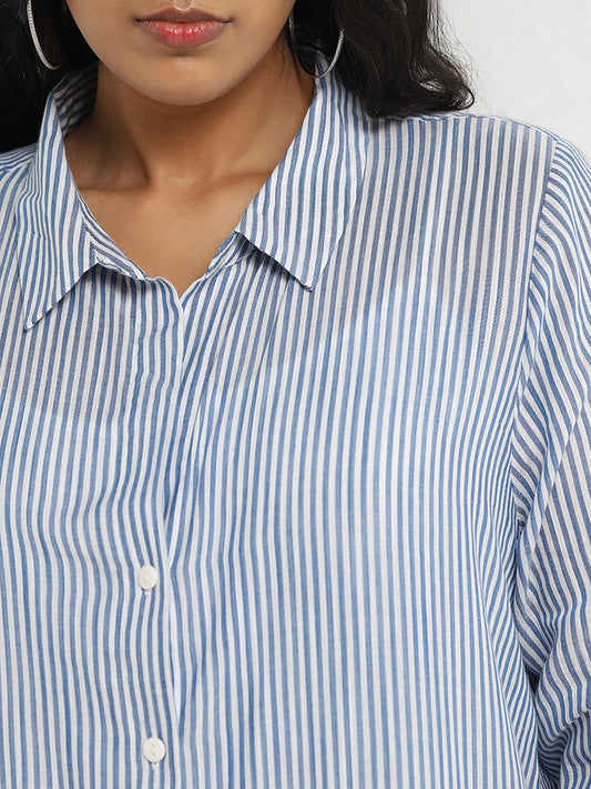 Gia Blue Stripe Printed Cotton Shirt Dress