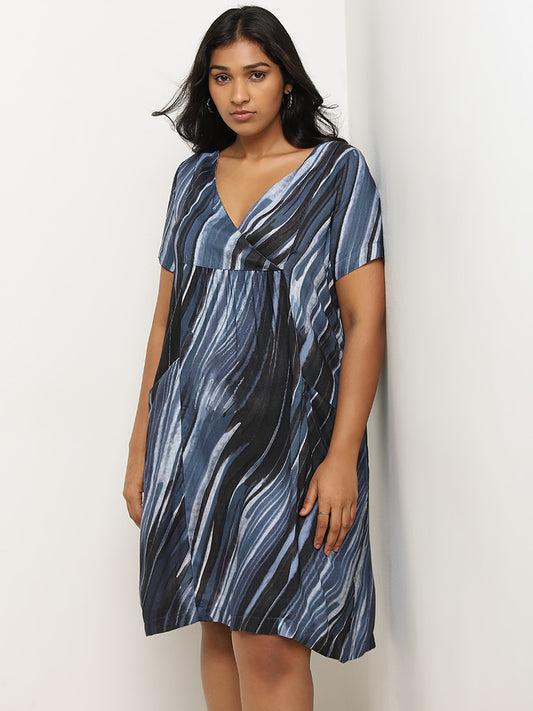 Gia Navy Abstract Design A-Line Dress