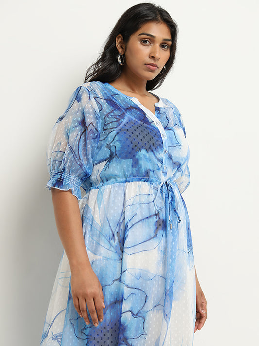 Gia Blue Floral Pattern Tufted A-line Dress