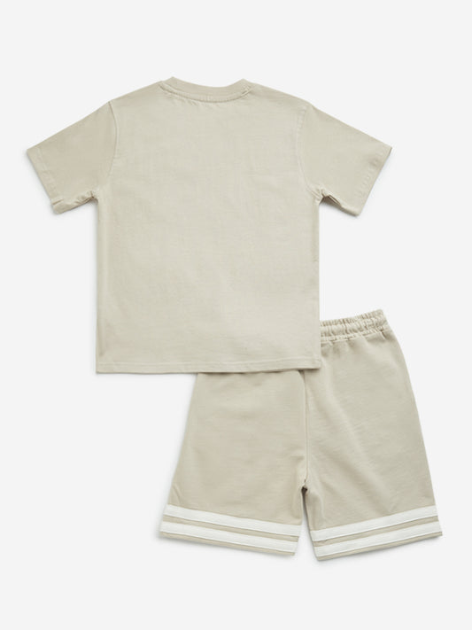 Y&F Kids Taupe Text Print Cotton T-Shirt