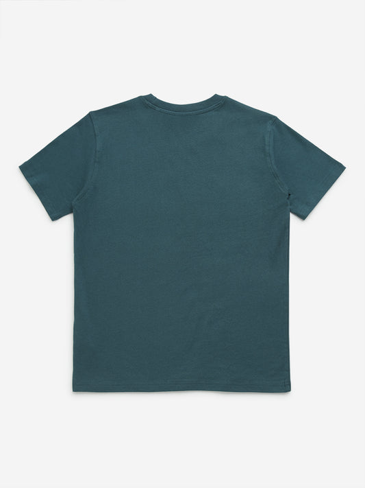 Y&F Kids Teal Text Print Cotton T-Shirt