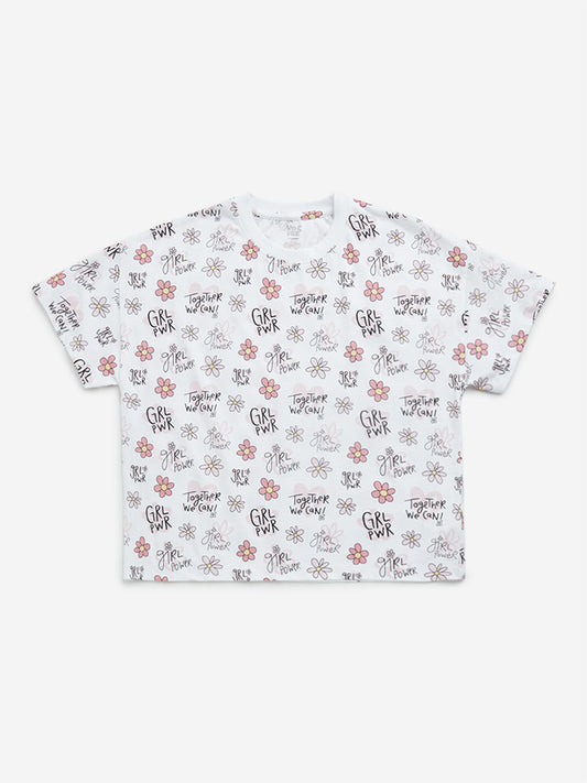 Y&F Kids White Floral Printed Cotton T-Shirt