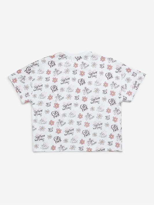 Y&F Kids White Floral Printed Cotton T-Shirt