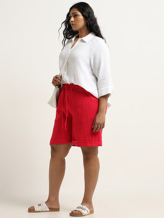Gia Red Crinkle Textured Mid Rise Shorts