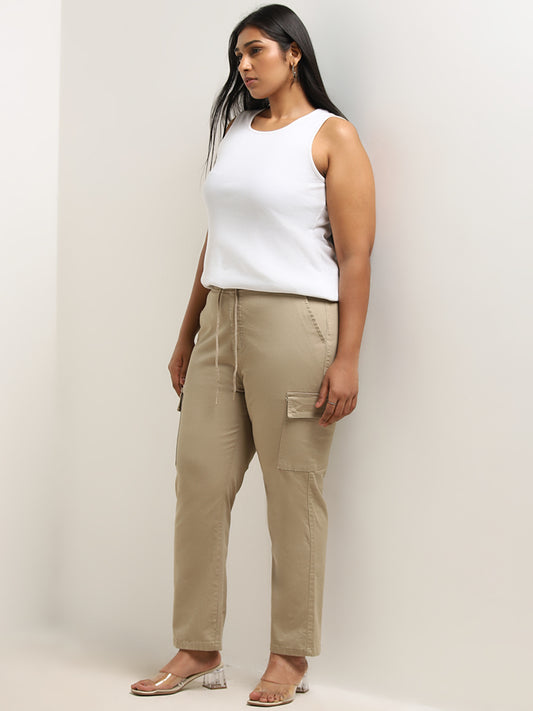 Gia Beige Solid High-Rise Solid Cotton Blend Trousers