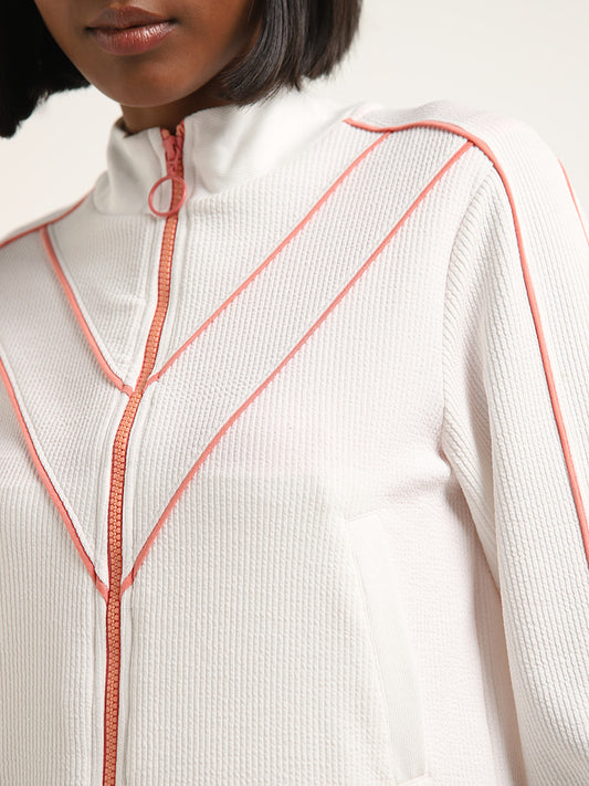 Studiofit White Contrast-Detailed Ribbed Jacket