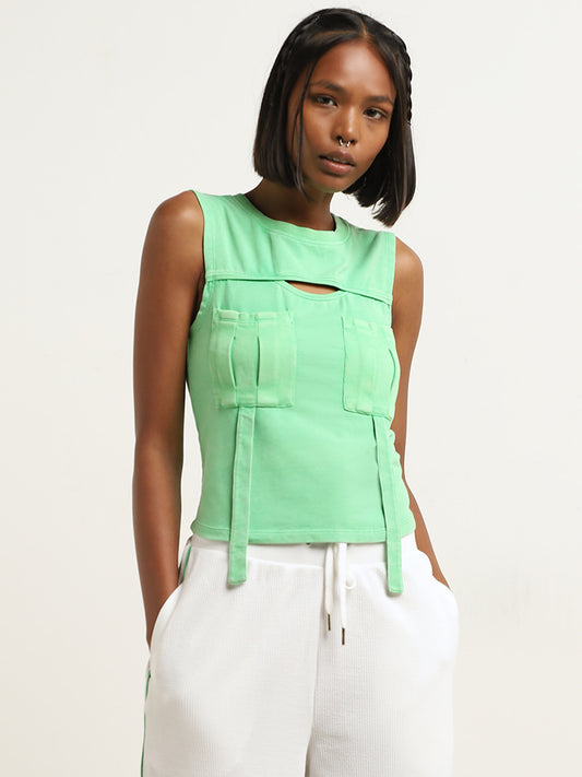 Studiofit Light Green Cut-Out Design Cotton T-Shirt