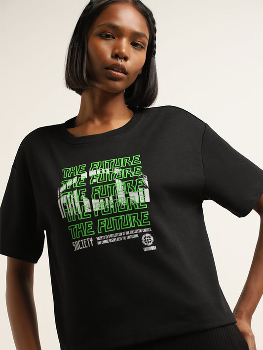 Studiofit Black Typographic Print Cotton T-Shirt