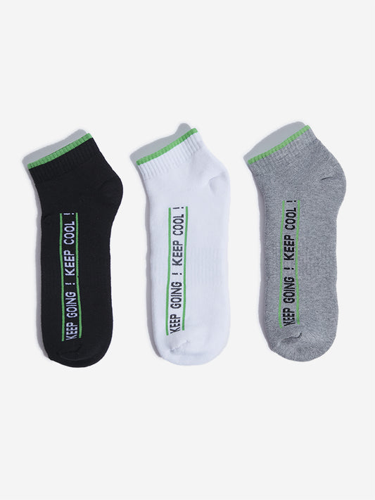 WES Lounge Grey Melange Text Design Socks - Pack of 3