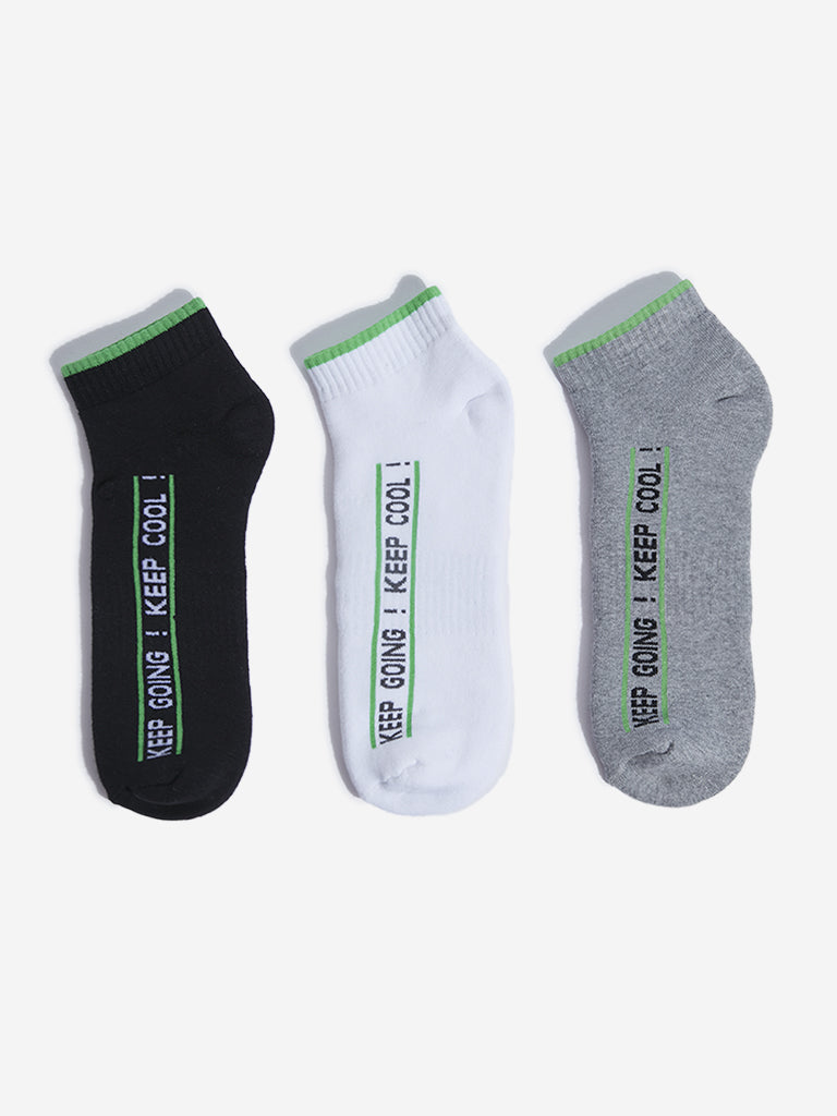 WES Lounge Grey Melange Text Design Cotton Blend Socks - Pack of 3