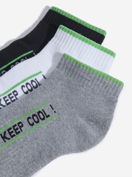 WES Lounge Grey Melange Text Design Socks - Pack of 3