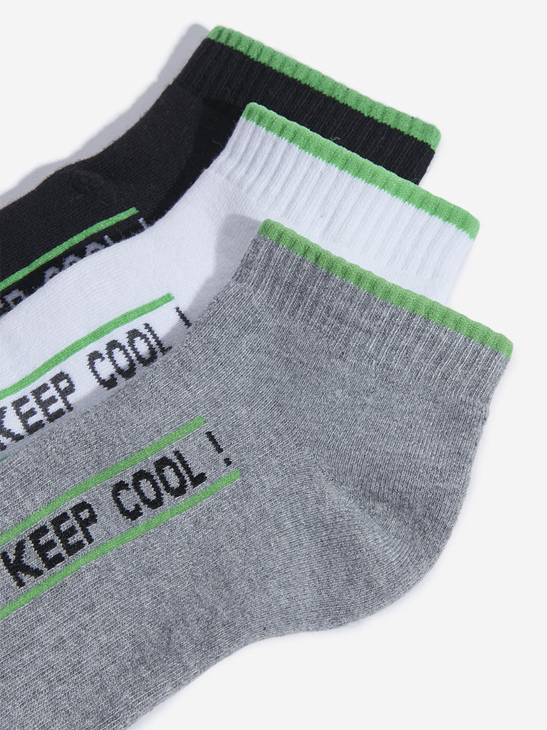 WES Lounge Grey Melange Text Design Cotton Blend Socks - Pack of 3