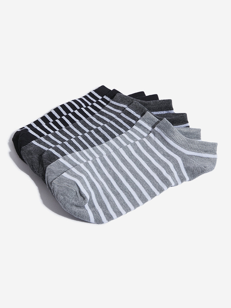 WES Lounge Grey Stripe Printed Cotton Blend Socks - Pack of 3