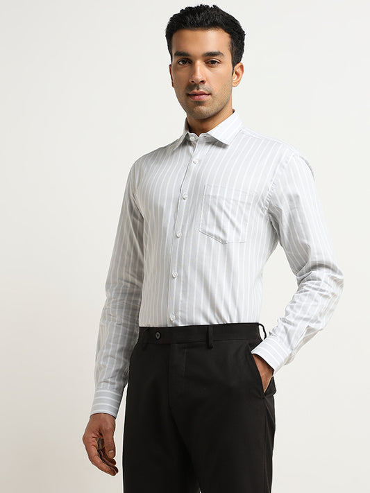 WES Formals Light Grey Striped Relaxed-Fit Cotton Shirt