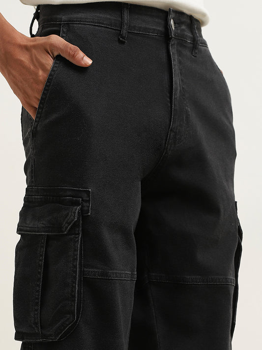 Nuon Black Cargo-Style Relaxed-Fit Mid-Rise Cotton Blend Chinos