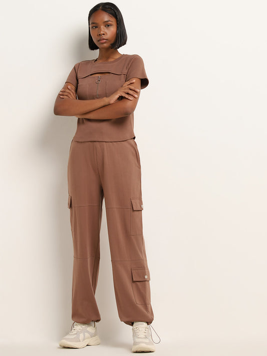 Studiofit Brown Parachute-Style High-Rise Track Pants