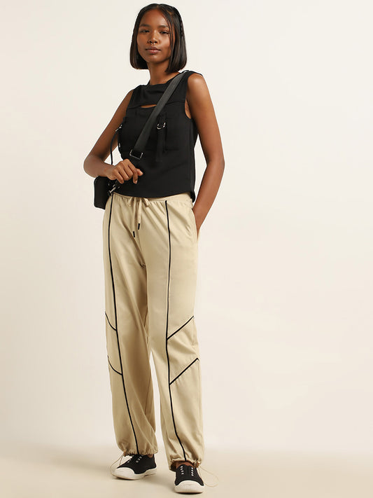 Studiofit Beige Textured Contrast-Detailed Mid-Rise Cotton Track Pants
