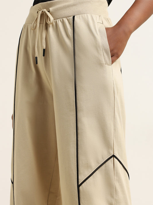 Studiofit Beige Textured Contrast-Detailed Mid-Rise Cotton Track Pants