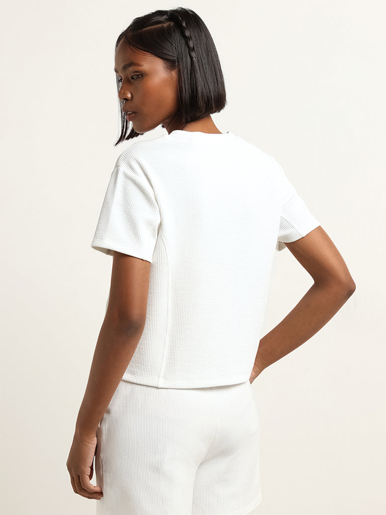 Studiofit White Textured Cotton Blend T-Shirt