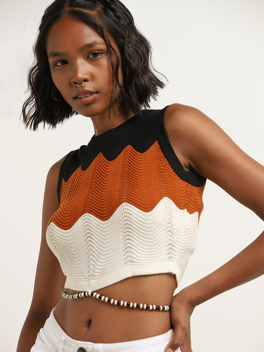 Nuon Multicolour Colour Blocked Knitted Crop Cotton Top