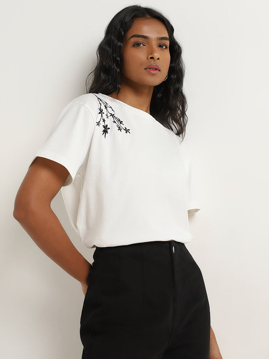 LOV Off-White Floral Embroidered Cotton Top