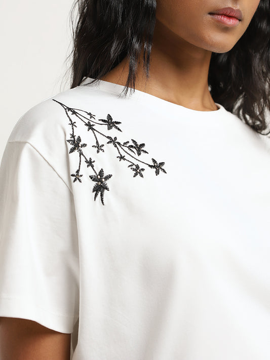 LOV Off-White Floral Embroidered Cotton Top