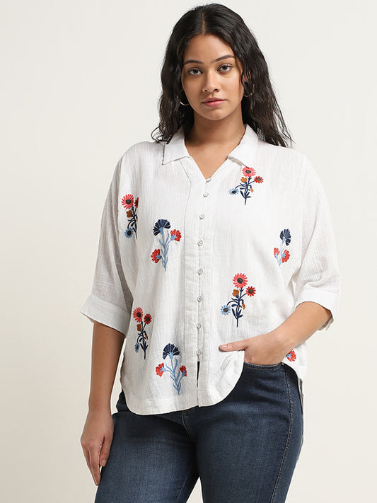 Gia Off-White Floral Embroidered High-Low Shirt