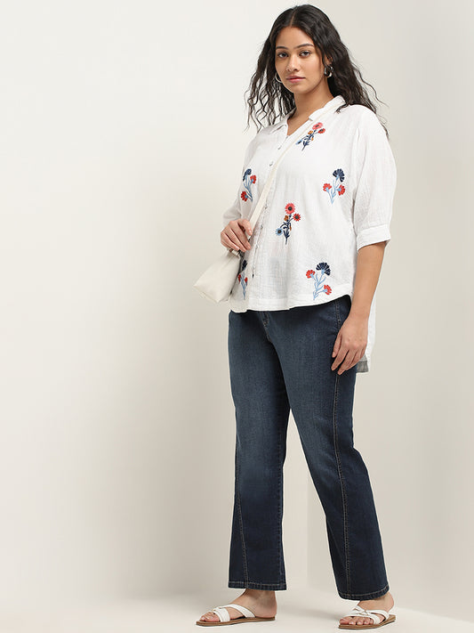 Gia Off-White Floral Embroidered High-Low Shirt