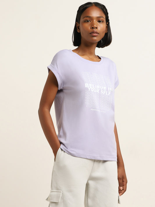 Studiofit Lilac Text Design Cotton T-Shirt