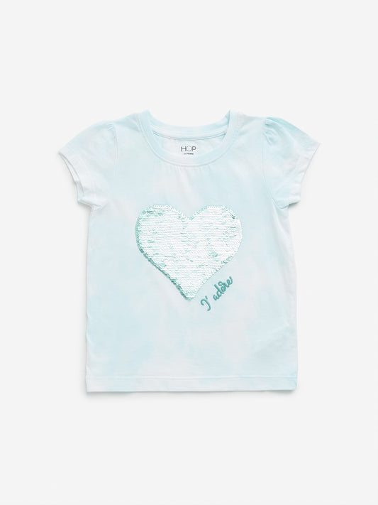 HOP Kids Mint Heart Sequin Design Cotton T-Shirt