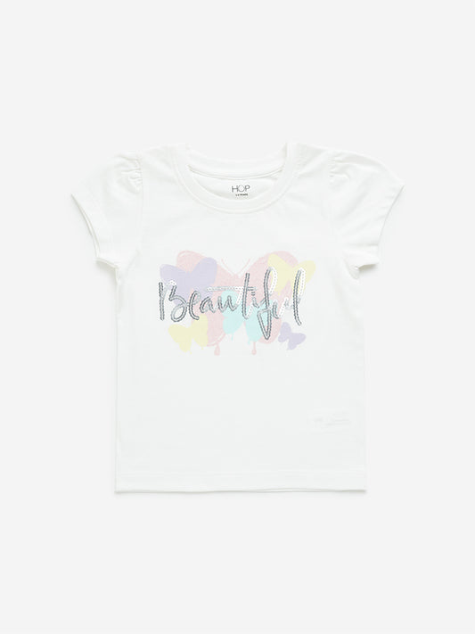 HOP Kids White Text Sequin Design Cotton T-Shirt