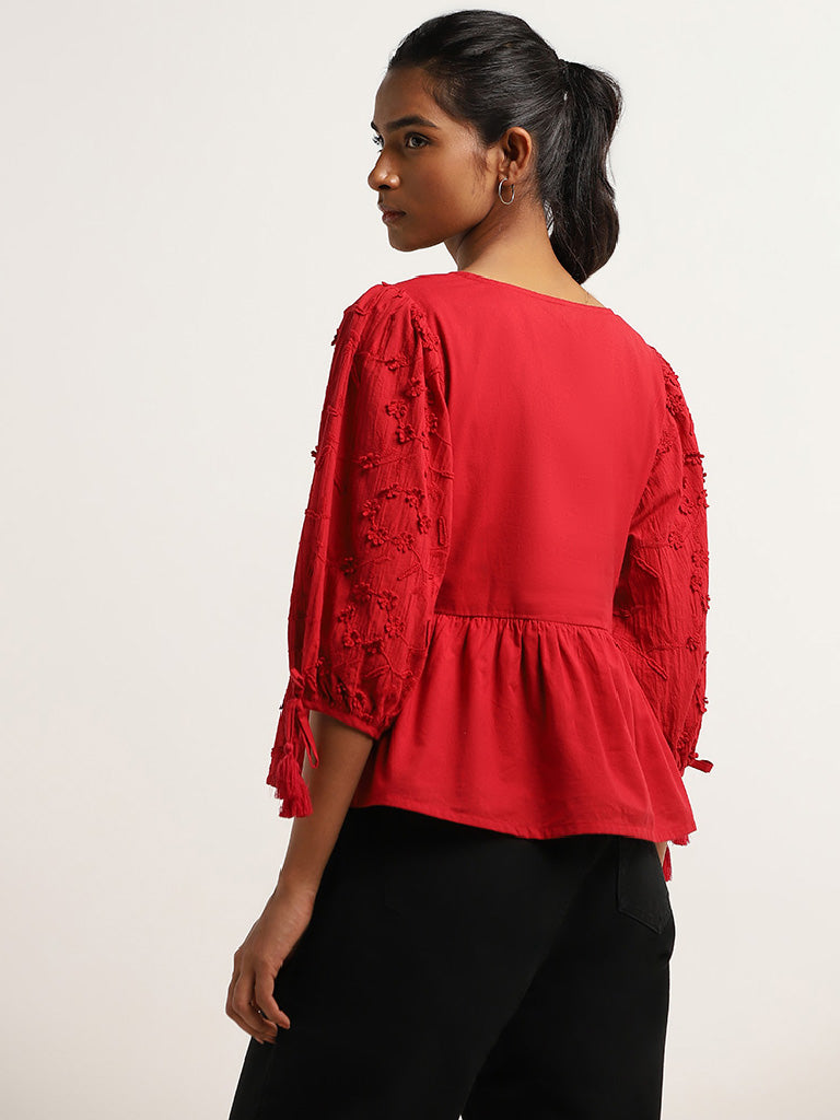LOV Red Embroidered Cotton Top