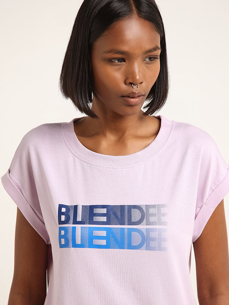 Studiofit Lavender Text Printed Cotton T-Shirt