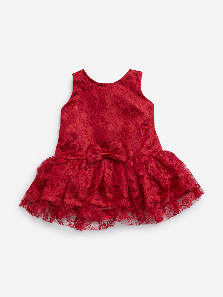 Westside HOP Baby Girl's Red Lace Embroidered A-Line Dress for Party Wear Front View