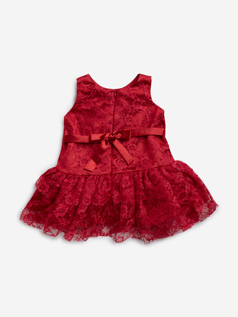 Westside HOP Baby Girl's Red Lace Embroidered A-Line Dress for Party Wear Back View