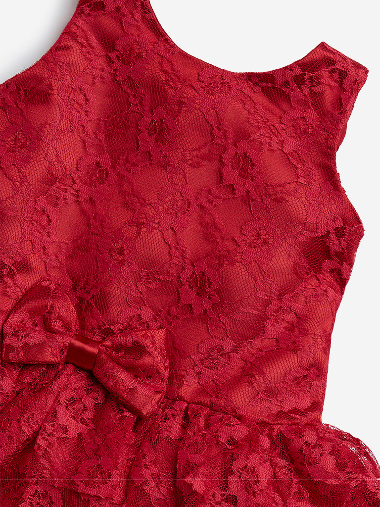 Westside HOP Baby Girl's Red Lace Embroidered A-Line Dress for Party Wear Zoomed View