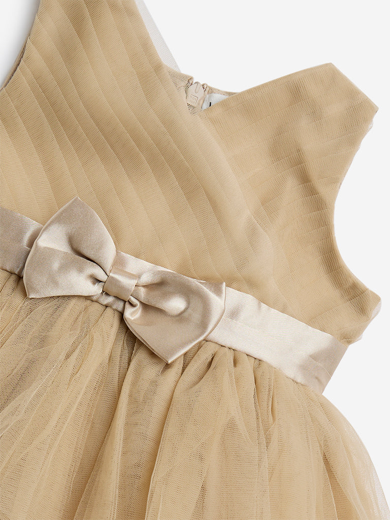HOP Baby Beige Bow Design Mesh A-Line Dress