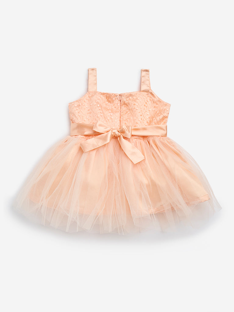 HOP Baby Peach Floral Embroidered Party Dress
