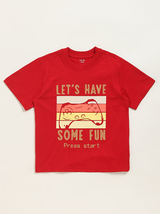 HOP Kids Red Text Printed Cotton T-Shirt