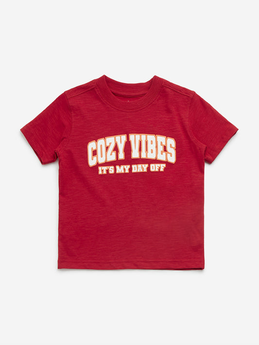HOP Kids Red Text Printed Cotton T-Shirt