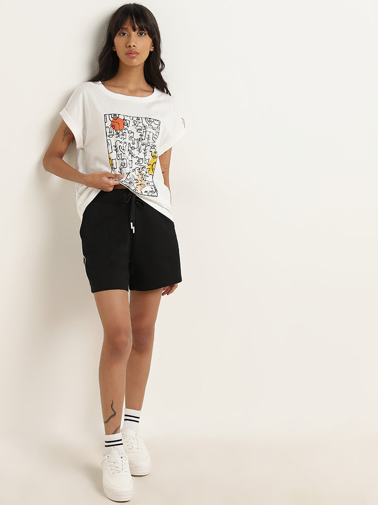 Studiofit White Abstract Printed Cotton T-Shirt