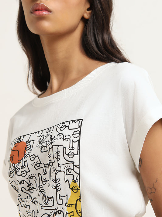 Studiofit White Abstract Printed T-Shirt