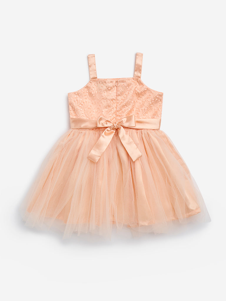 HOP Kids Peach Floral Embroidered Party Dress