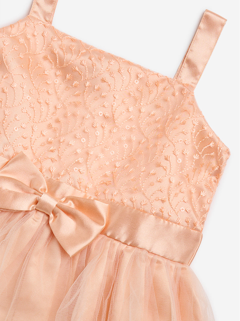 HOP Kids Peach Floral Embroidered Party Dress