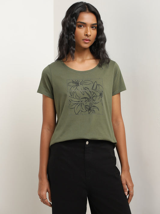 LOV Olive Floral Printed Cotton T-Shirt