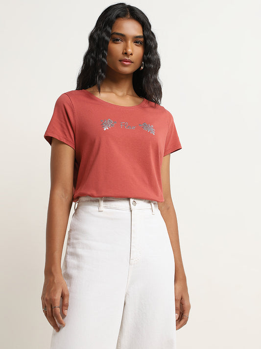 LOV Dusty Rose Text Printed Cotton T-Shirt